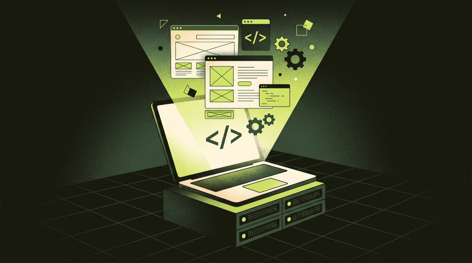 A laptop with code on its screen, and the pages of a site rising from it in a beam of light